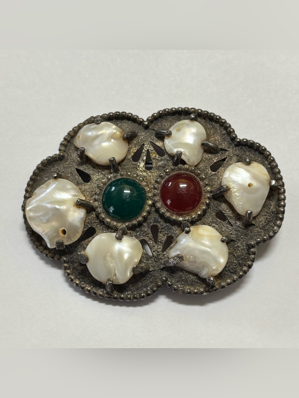 Vintage Scottish Celtic Brooch Glass And Mother Of Pearl